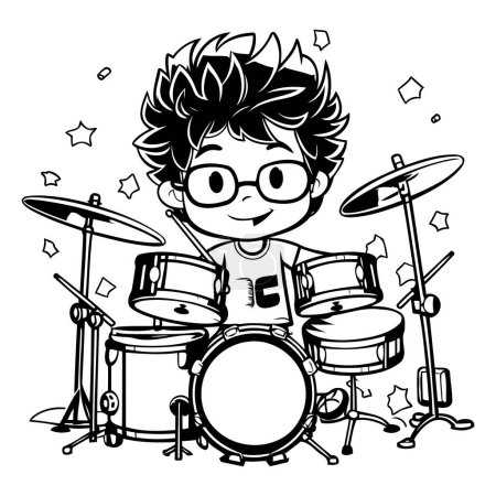 Cute boy playing drums. Black and white vector illustration for coloring book.