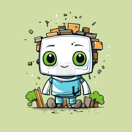 Ilustración de Ilustración vectorial de lindo robot de dibujos animados con cajas de madera en el fondo verde. - Imagen libre de derechos