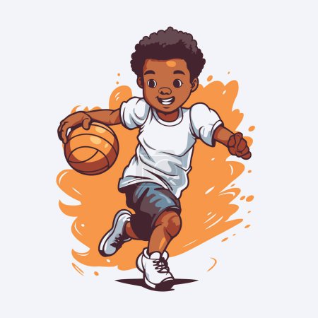 Téléchargez les illustrations : Mignon garçon afro-américain jouant au basket. Illustration vectorielle. - en licence libre de droit