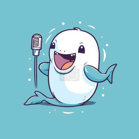 Téléchargez les illustrations : Baleine blanche mignonne avec microphone en style dessin animé. Illustration vectorielle. - en licence libre de droit