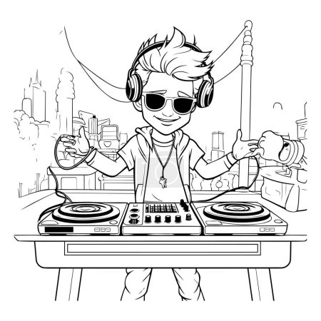 Illustration for Dj playing music in the city. black and white vector illustration - Royalty Free Image