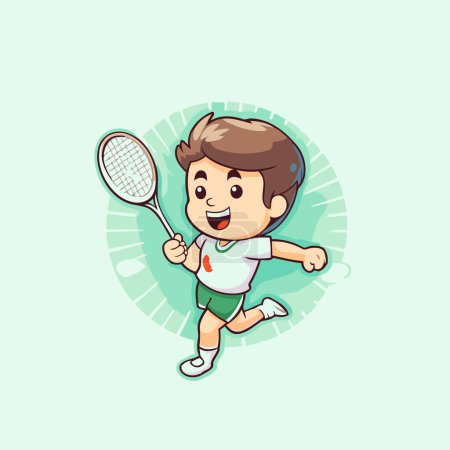 Illustration for Little boy playing badminton cartoon vector illustration. Kids sport. - Royalty Free Image