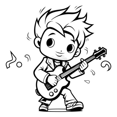 Téléchargez les illustrations : Illustration de bande dessinée en noir et blanc d'un petit garçon mignon jouant de la guitare électrique pour un livre à colorier - en licence libre de droit