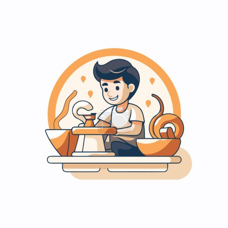 Téléchargez les illustrations : Illustration vectorielle d'un homme cuisinant du pain dans la cuisine. Cartoon style. - en licence libre de droit