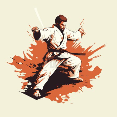 Illustration for Karate fighter in action. vector illustration in grunge style. - Royalty Free Image