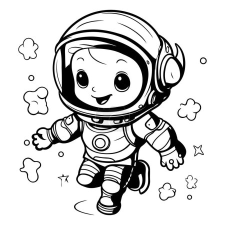 Téléchargez les illustrations : Mignon astronaute en combinaison spatiale. illustration vectorielle noir et blanc. - en licence libre de droit
