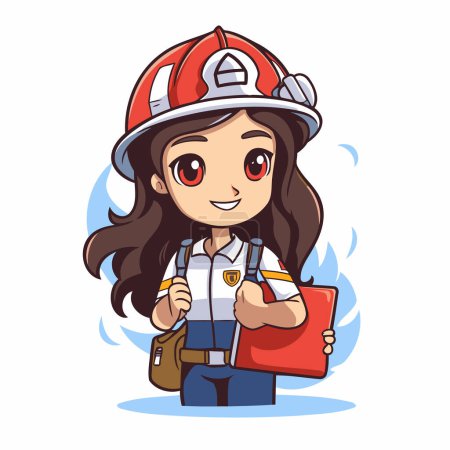 Illustration for Cute little girl firefighter with helmet and book. Vector illustration. - Royalty Free Image