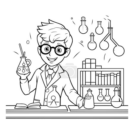Illustration for Scientist working in the laboratory. Black and white vector illustration. - Royalty Free Image