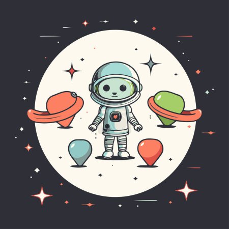 Illustration for Astronaut with spaceships and balloons. Vector illustration in cartoon style. - Royalty Free Image