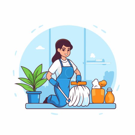 Illustration for Cleaning service concept. Woman with mop and cleaning supplies. Vector illustration - Royalty Free Image