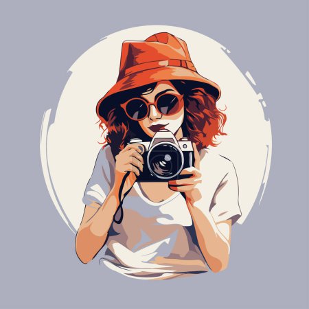 Illustration for Beautiful girl in hat and sunglasses with a camera. Vector illustration. - Royalty Free Image