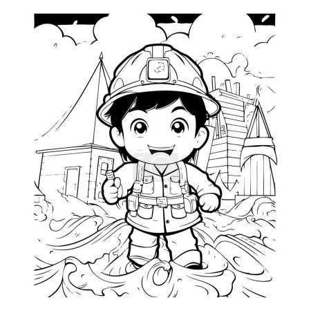 Ilustración de Ilustración de dibujos animados en blanco y negro del personaje de bombero o bombero infantil para colorear libro - Imagen libre de derechos