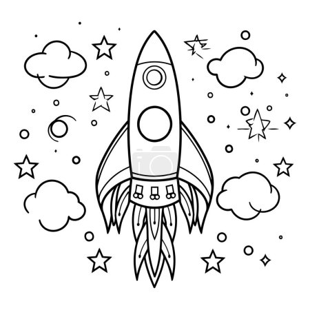 Ilustración de Libro para colorear para niños: cohete. estrellas y nubes. Ilustración vectorial. - Imagen libre de derechos