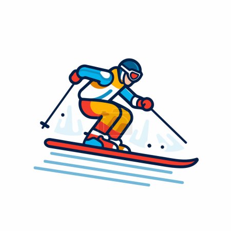 Illustration for Skiing line icon. Vector illustration of skier in helmet and goggles skiing on ski track. - Royalty Free Image