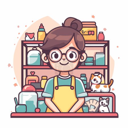 Illustration for Cute girl in apron and glasses standing at the shelf with cat. Vector illustration. - Royalty Free Image