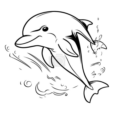 Dolphin jumping out of water. Black and white vector illustration.