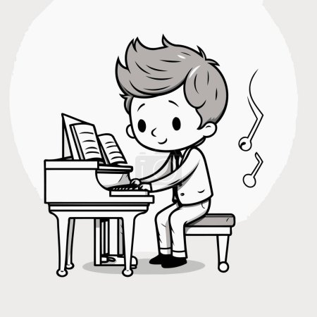 Ilustración de Niño tocando el piano - Ilustración de dibujos animados en blanco y negro de un niño tocando el piano - Imagen libre de derechos