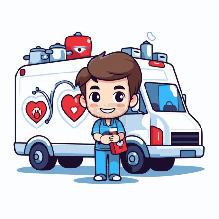 Téléchargez les illustrations : Ambulance et mignon petit garçon. Illustration vectorielle de personnage de dessin animé. - en licence libre de droit