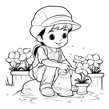 Téléchargez les illustrations : Mignon petit garçon arrosant des fleurs dans le jardin. Illustration vectorielle noir et blanc. - en licence libre de droit