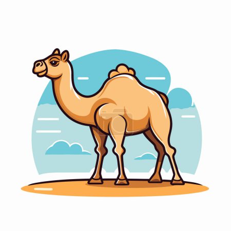 Camel on the background of the desert. Vector illustration in flat style