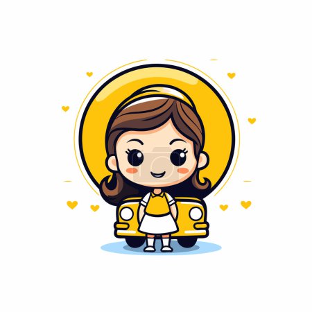 Illustration for Cute little girl in school uniform with yellow car. Vector illustration. - Royalty Free Image