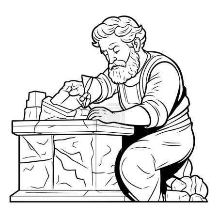 Schwarz-weiße Karikatur eines Handwerkers, der Holz mit einem Zylinder schnitzt