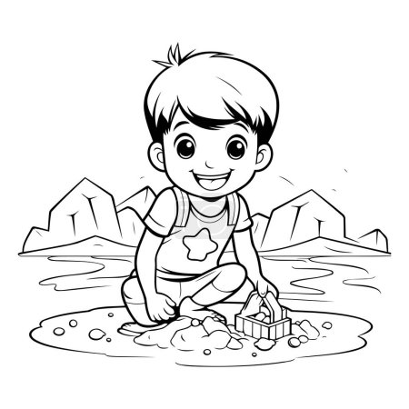 Illustration for Boy playing in the sand with a bucket. Coloring book for children - Royalty Free Image