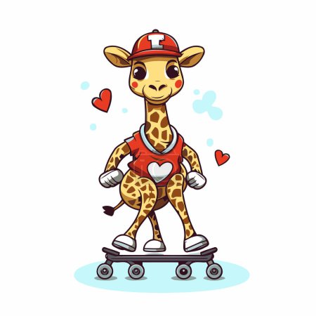 Téléchargez les illustrations : Jolie girafe chevauchant sur des patins à roulettes. Illustration vectorielle. - en licence libre de droit
