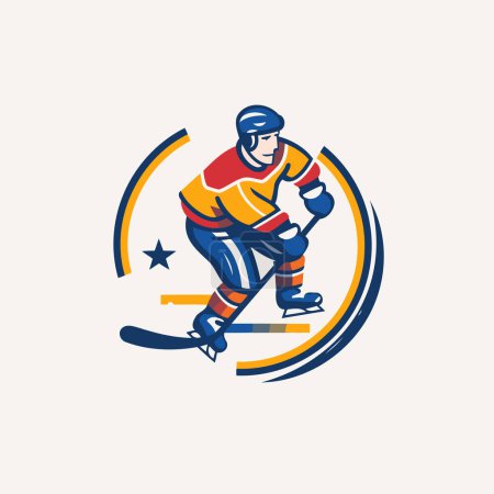 Illustration for Ice hockey player logo. Vector illustration of ice hockey player with puck and stick in circle. - Royalty Free Image