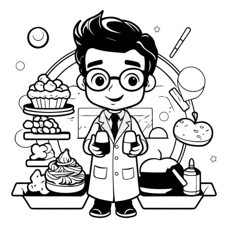 Illustration for Vector illustration of a boy in a lab coat holding a cupcake - Royalty Free Image