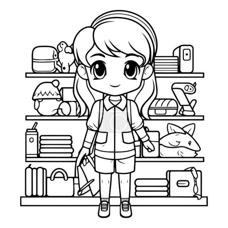 Illustration for Cute little girl standing on the bookshelf. Black and white vector illustration. - Royalty Free Image