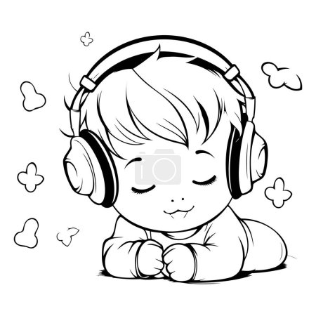 Téléchargez les illustrations : Joli petit garçon écoutant de la musique avec des écouteurs. Illustration vectorielle. - en licence libre de droit