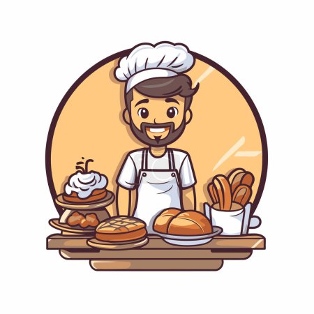 Chef con pan y muffin diseño gráfico ilustración vector de dibujos animados.