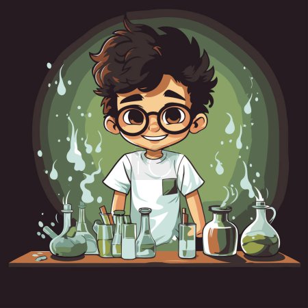 Téléchargez les illustrations : Garçon scientifique dans le laboratoire. Illustration vectorielle d'un garçon en lunettes. - en licence libre de droit