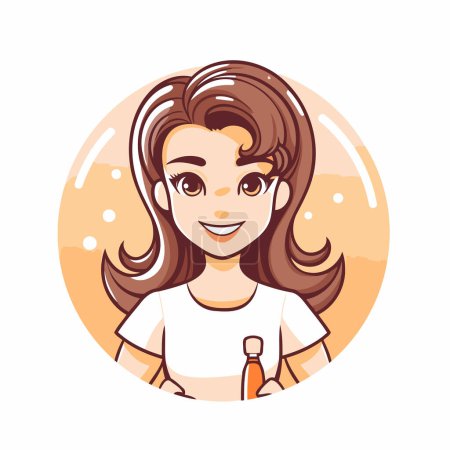 Illustration for Smiling young woman with a bottle of orange juice. Vector illustration - Royalty Free Image