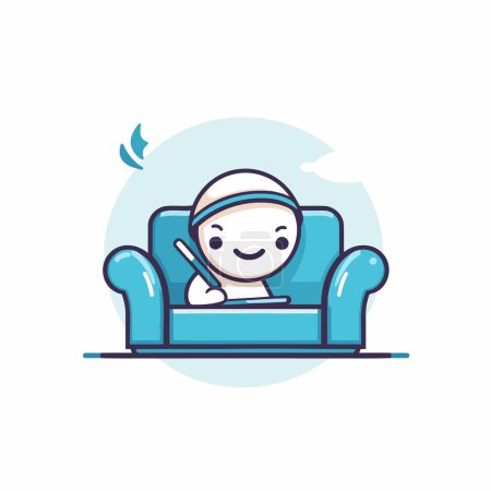 Illustration for Cute little boy cartoon character sitting on sofa. Vector illustration. - Royalty Free Image