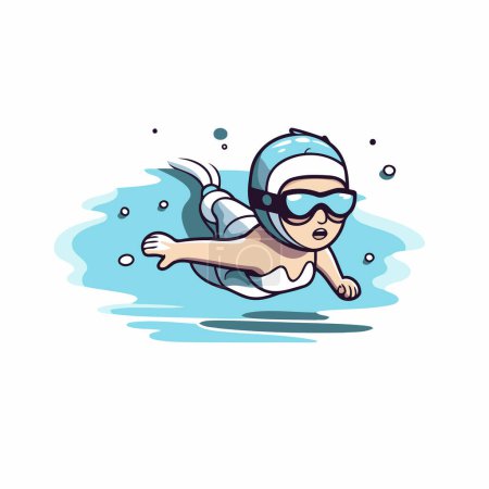 Illustration for Swimming boy with goggles and cap. Vector illustration on white background. - Royalty Free Image