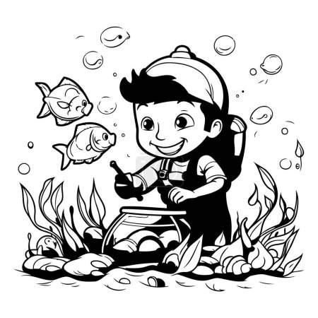 Ilustración de Niño pescando en una pecera. Ilustración vectorial en blanco y negro. - Imagen libre de derechos