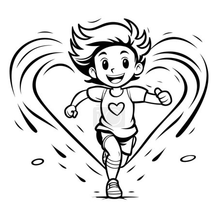 Illustration for Illustration of a Kid Running in the Shape of a Heart - Coloring Book - Royalty Free Image