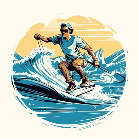 Téléchargez les illustrations : Sport nautique. Le skieur roule sur la vague. Illustration vectorielle. - en licence libre de droit