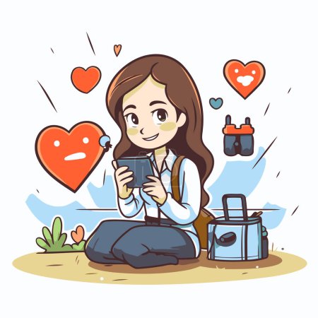 Illustration for Young woman sitting on the ground and using mobile phone. Vector illustration. - Royalty Free Image