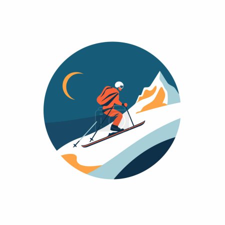 Téléchargez les illustrations : Modèle de logo de station de ski. Skieur en montagne. Illustration vectorielle - en licence libre de droit