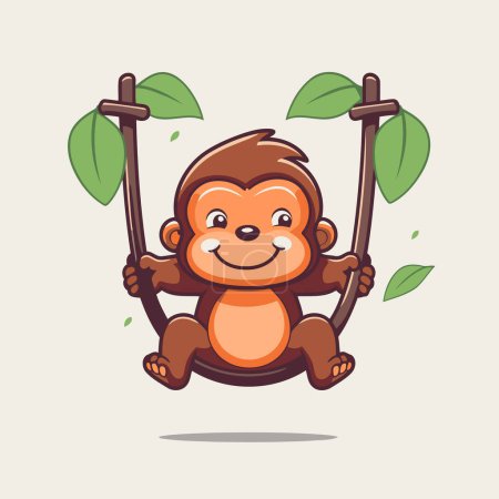 Téléchargez les illustrations : Mignon singe dessin animé balançant sur une branche d'arbre. Illustration vectorielle. - en licence libre de droit