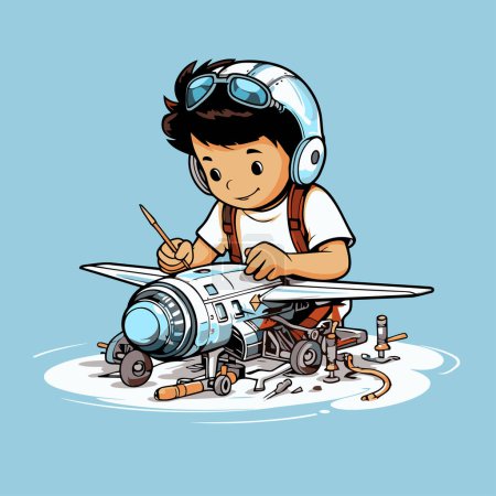 Téléchargez les illustrations : Illustration d'un petit garçon jouant avec un avion jouet. Illustration vectorielle. - en licence libre de droit