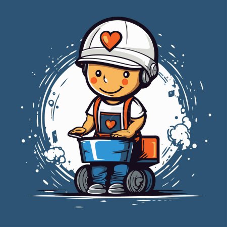 Illustration for Cute boy in helmet riding electric scooter. Vector illustration. - Royalty Free Image