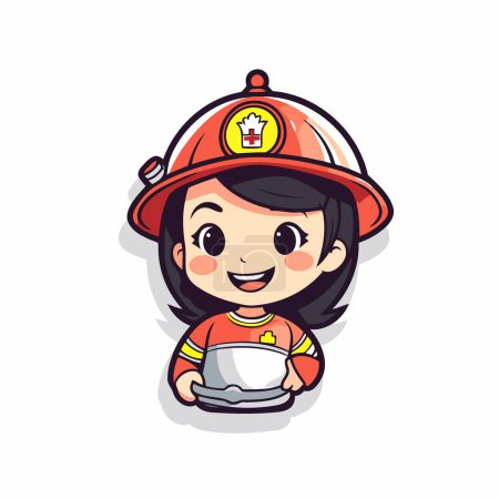 Téléchargez les illustrations : Cute fille pompier dessin animé avec ordinateur portable personnage vectoriel illustration design. - en licence libre de droit