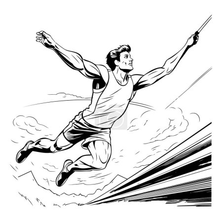 Illustration for Football player jumping with a bat. Black and white vector illustration. - Royalty Free Image