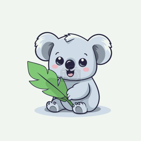 Ilustración de Lindo koala sosteniendo una hoja verde. Ilustración vectorial en estilo de dibujos animados. - Imagen libre de derechos