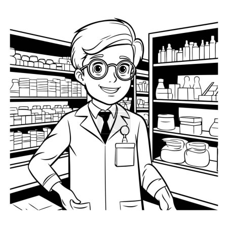 Téléchargez les illustrations : Homme pharmacien à la pharmacie. Illustration noir et blanc. - en licence libre de droit