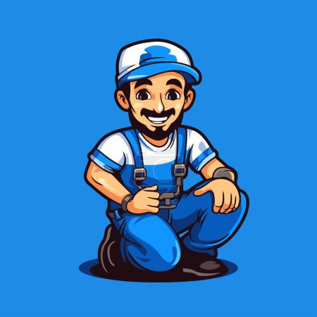 Illustration for Cartoon mechanic sitting and holding a wrench. Vector illustration on blue background. - Royalty Free Image